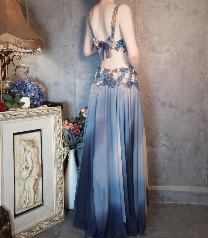 Gorgeous Gradient Blue 3D Floral Openwork Chiffon Long Prom Dress Evening Dress P4322