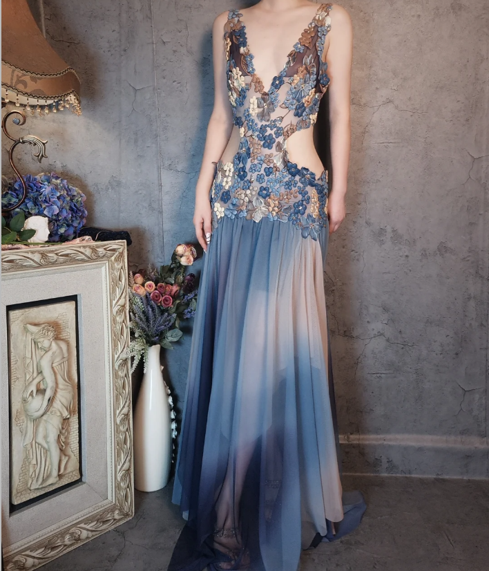 Gorgeous Gradient Blue 3D Floral Openwork Chiffon Long Prom Dress Evening Dress P4322