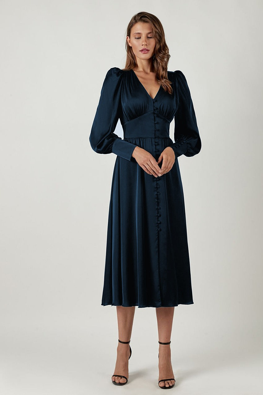 Vintage Satin Puff Sleeve Tailored Midi Dress