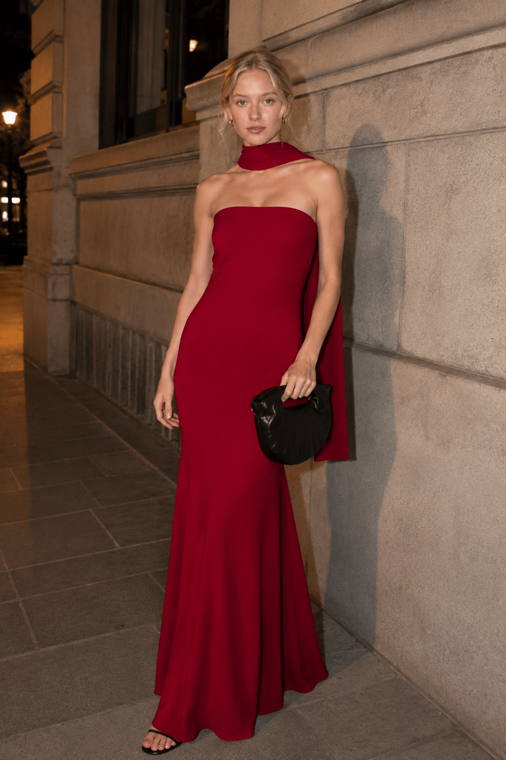 Textured Strapless Scarf-Neck Column Maxi Gown