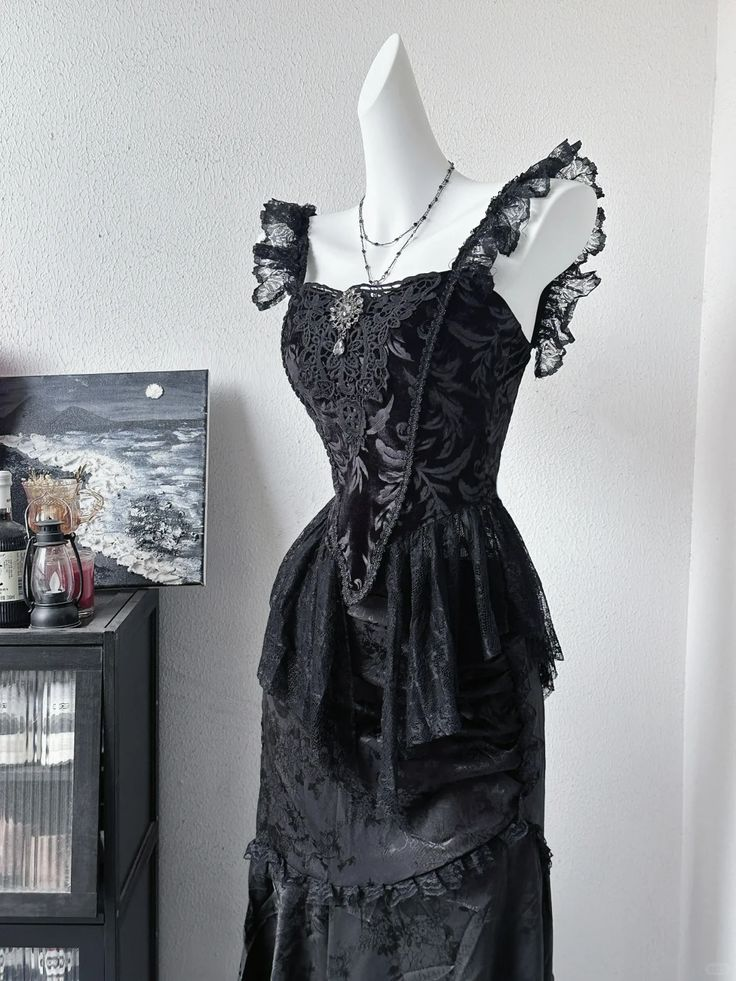 Vintage Black Satin Lace Long Party Dress Evening Dress - Fashionpara