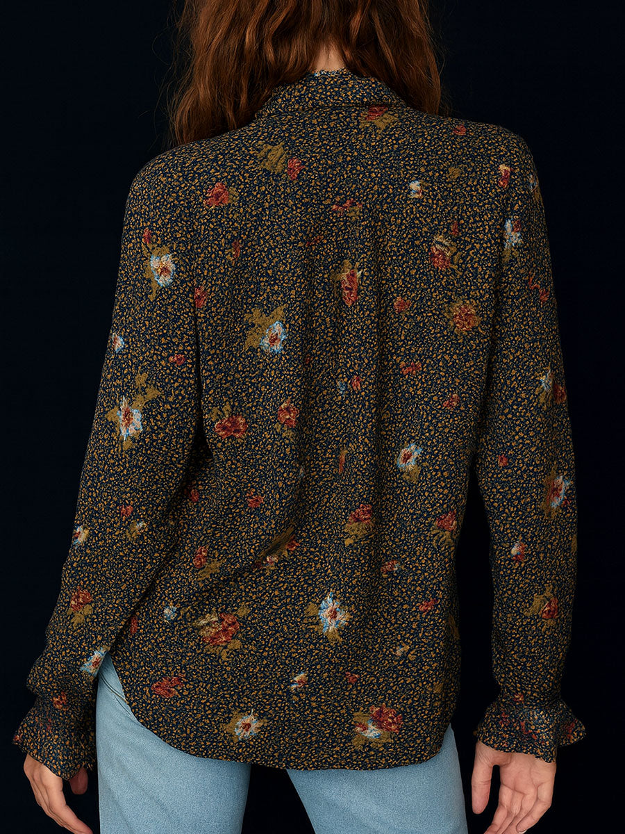 Retro Floral Print Curved Hem Ruffled Sleeves Blouse - Fashionpara