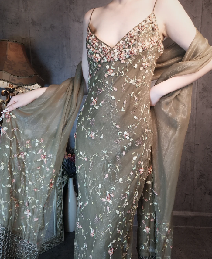 Vintage Green Mermaid Spaghetti Strap Deep V-neck 3D Floral Embroidery Long Prom Dress Evening Dress P4325