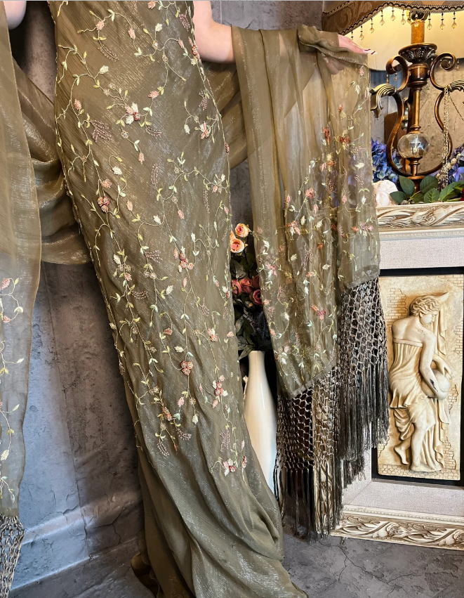 Vintage Green Mermaid Spaghetti Strap Deep V-neck 3D Floral Embroidery Long Prom Dress Evening Dress P4325