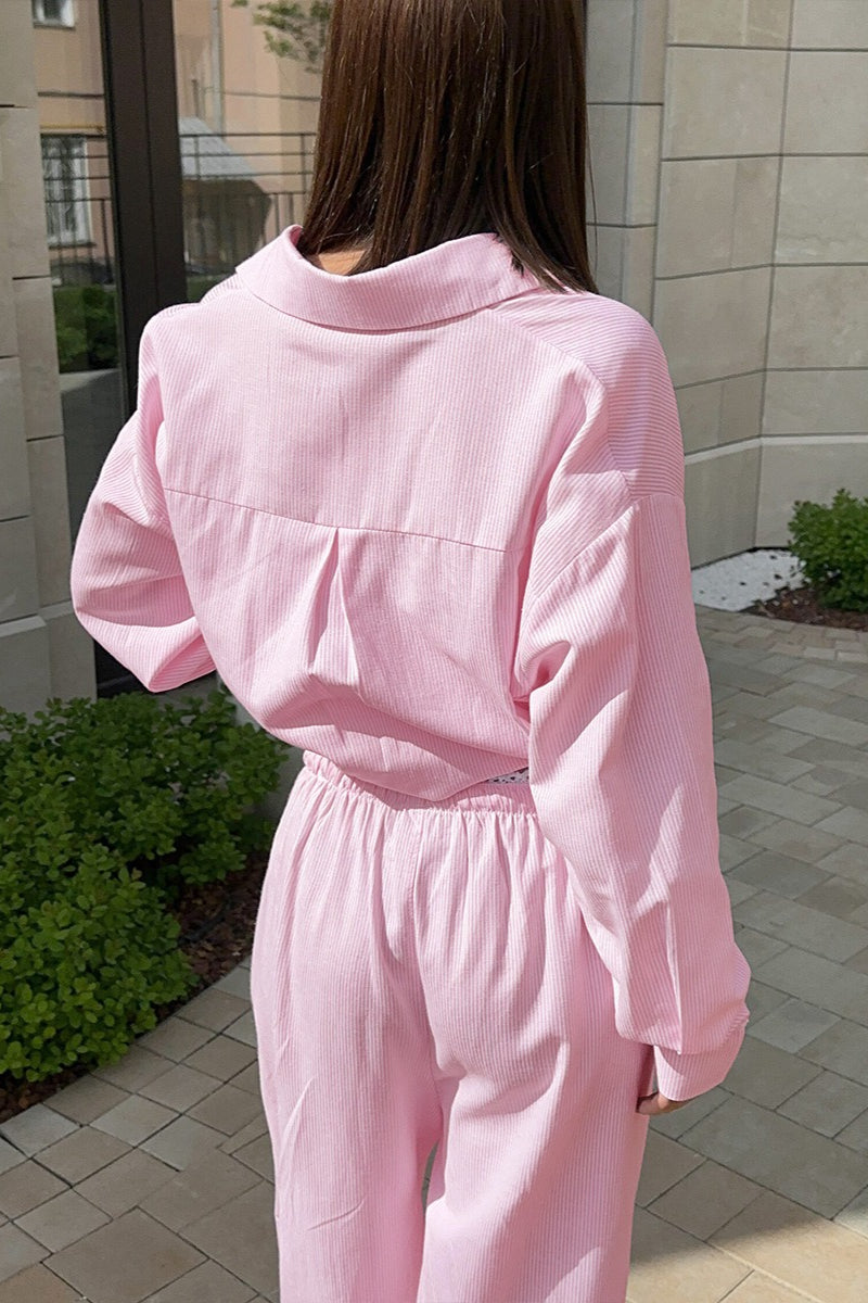 Striped Button Shirt Tie Waist Pants Set