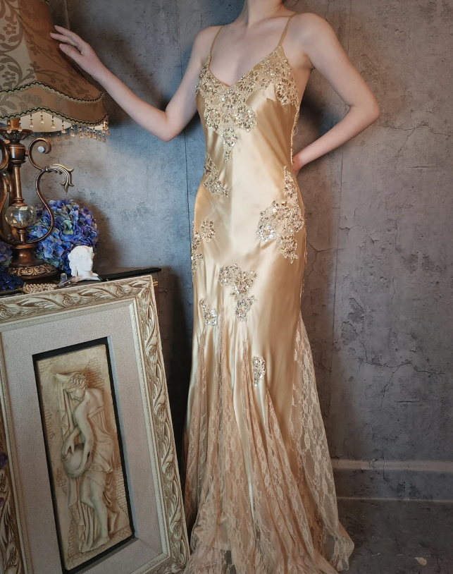 Vintage Mermaid Champagne Gold Sequined Lace Satin Long Prom Dress Evening Dress P4326