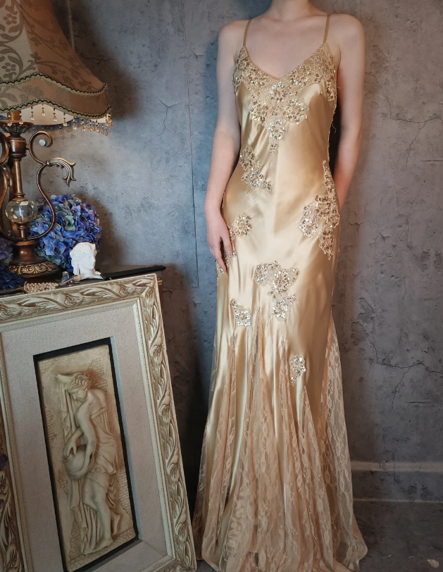 Vintage Mermaid Champagne Gold Sequined Lace Satin Long Prom Dress Evening Dress P4326