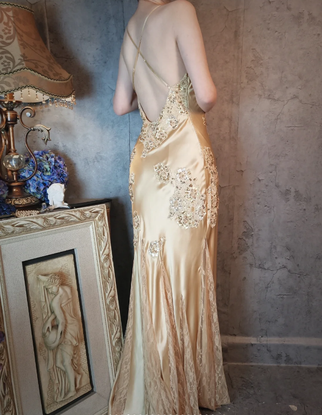 Vintage Mermaid Champagne Gold Sequined Lace Satin Long Prom Dress Evening Dress P4326