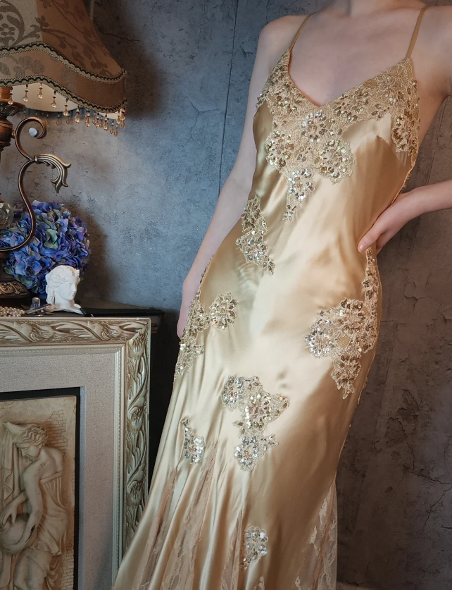 Vintage Mermaid Champagne Gold Sequined Lace Satin Long Prom Dress Evening Dress P4326