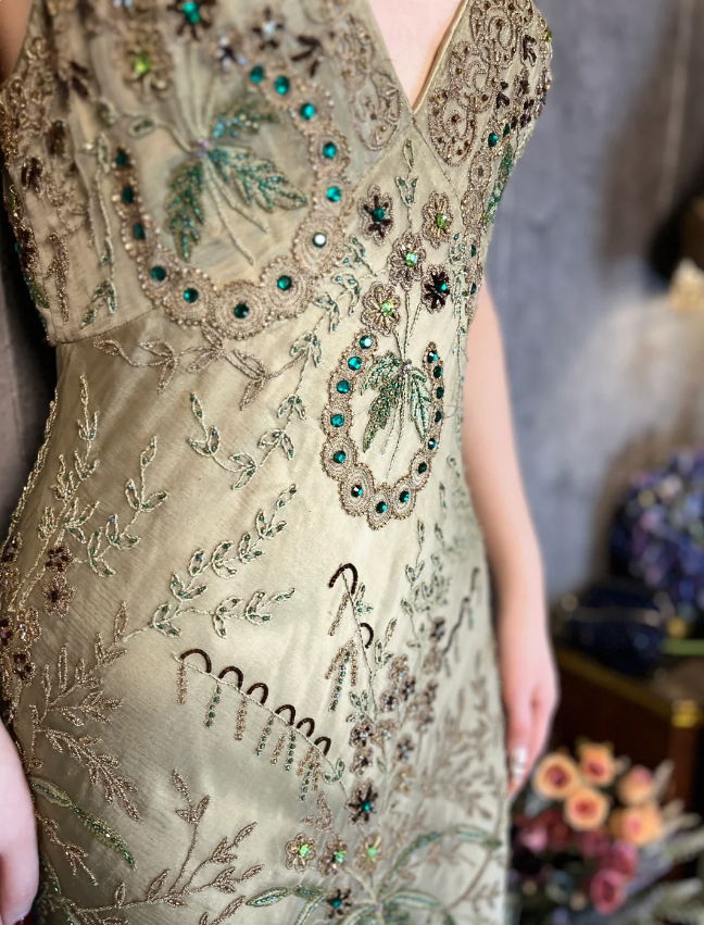 Vintage Luxury Green Mermaid Deep V-neck Beaded Embroidered Chiffon Long Prom Dress Evening Dress P4327