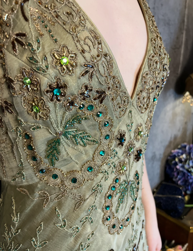 Vintage Luxury Green Mermaid Deep V-neck Beaded Embroidered Chiffon Long Prom Dress Evening Dress P4327