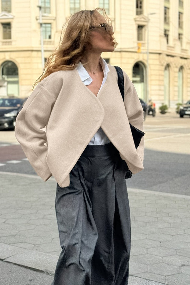 Khaki V Neck Asymmetric Wool Blend Coat - Fashionpara