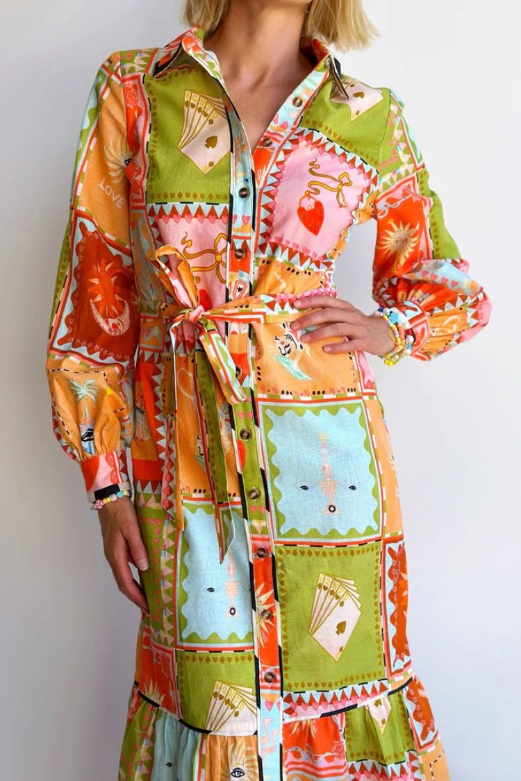 Linen Blend Unique Printed Long Sleeve Lapel Tie-waist Midi Dress - Fashionpara