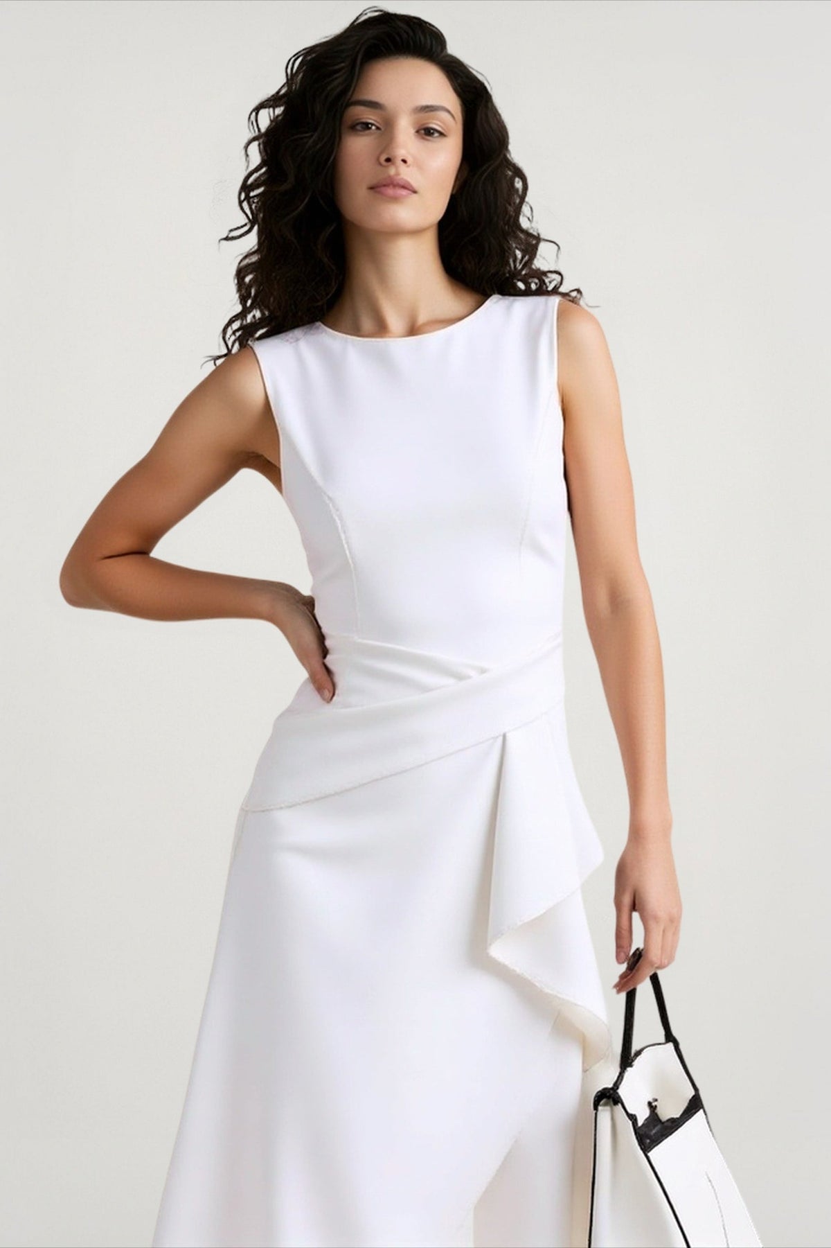 Round Neck Sleeveless Draped Asymmetric Midi Dress