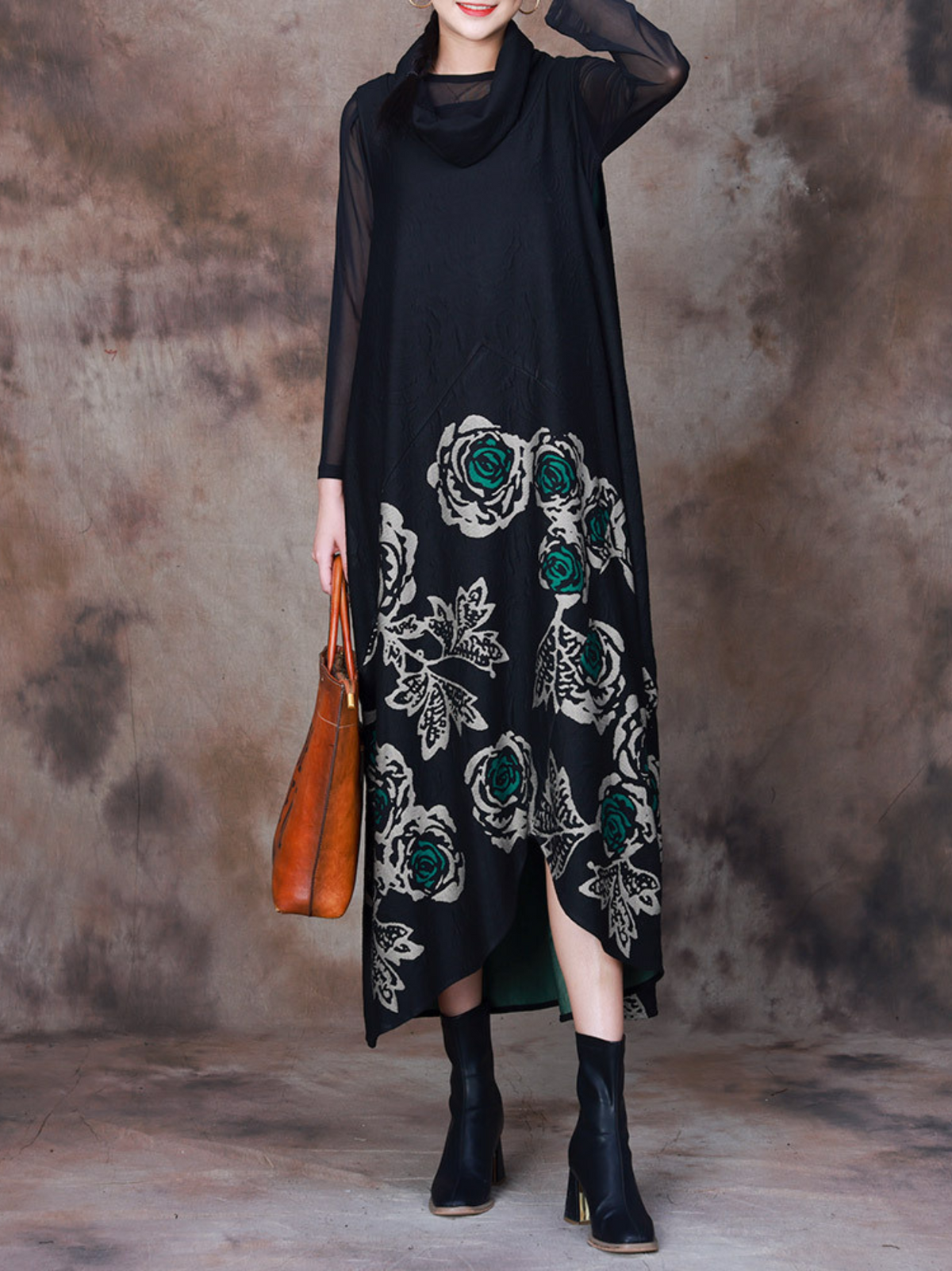 Floral Border Print High Neck Sleeveless Midi Dress 4