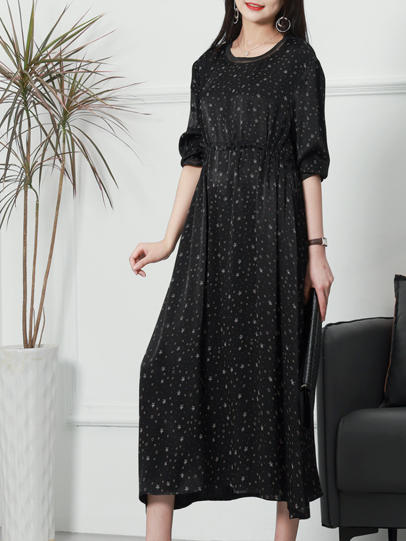 Star Print Round Neck Long-Sleeve Drawstring Waist Maxi Dress 3