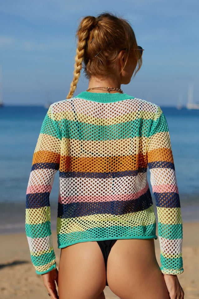 Rainbow Stripe Openwork Long Sleeve Cover Up - Fashionpara