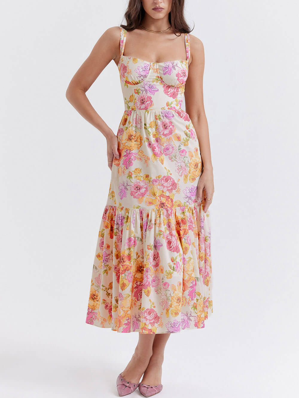 Strap A-Hem Floral Midi Dress - Fashionpara