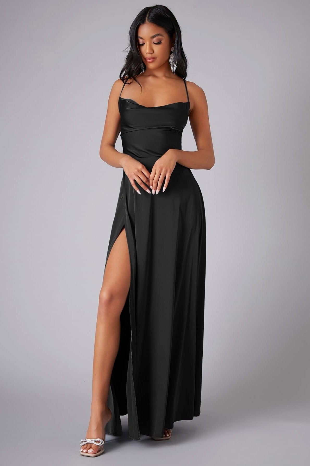 Satin Cowl Neck Spaghetti Strap High Split Maxi Formal Dress - View 12