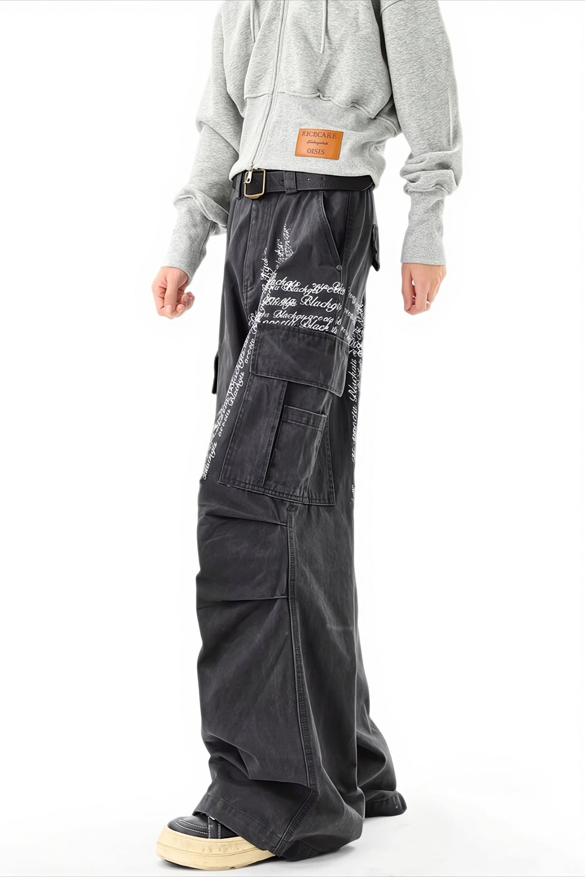 Distressed Cross Print Multi-Pocket Cargo Jeans