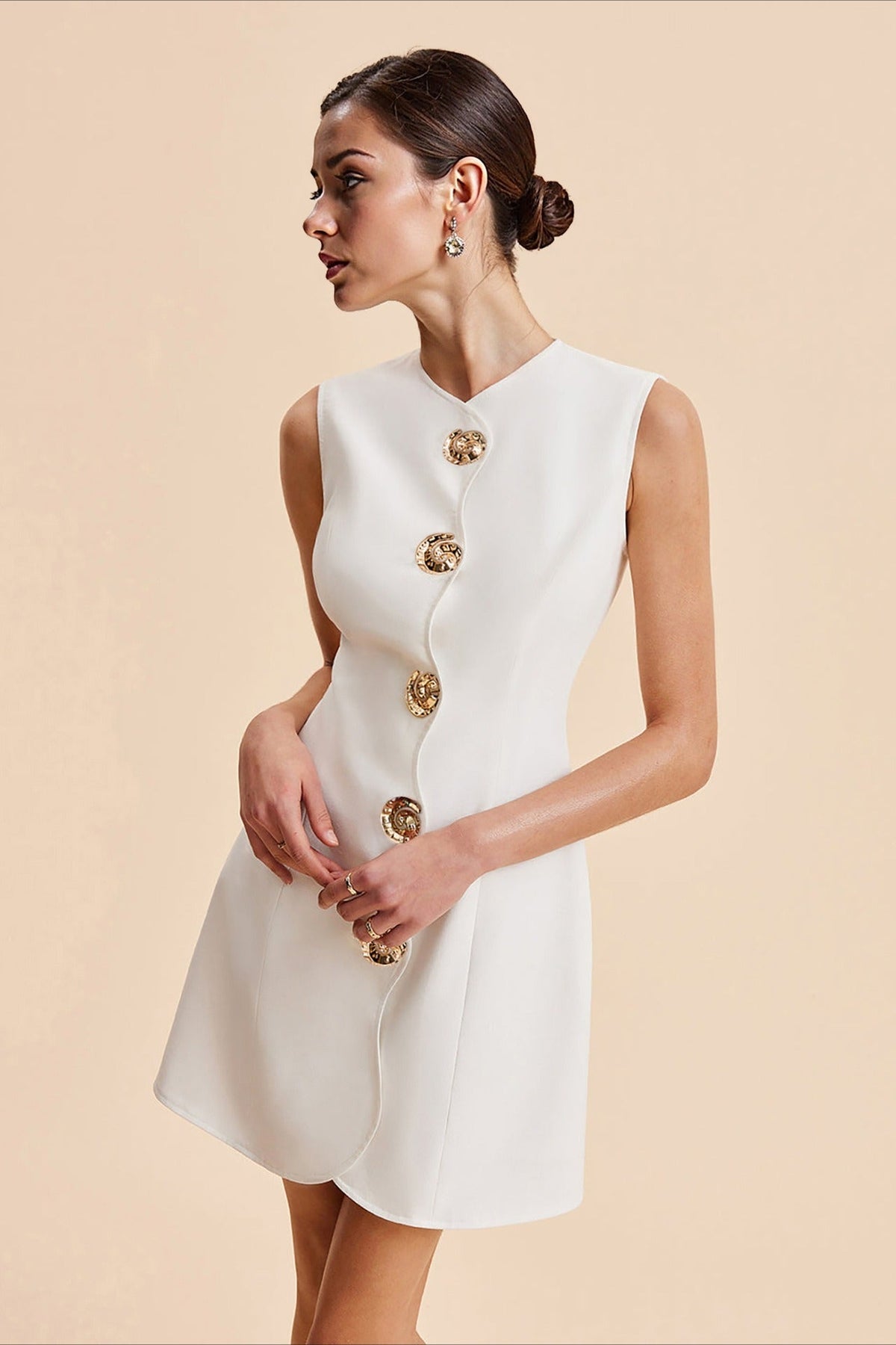 Round Neck Button Front A-Line Mini Dress