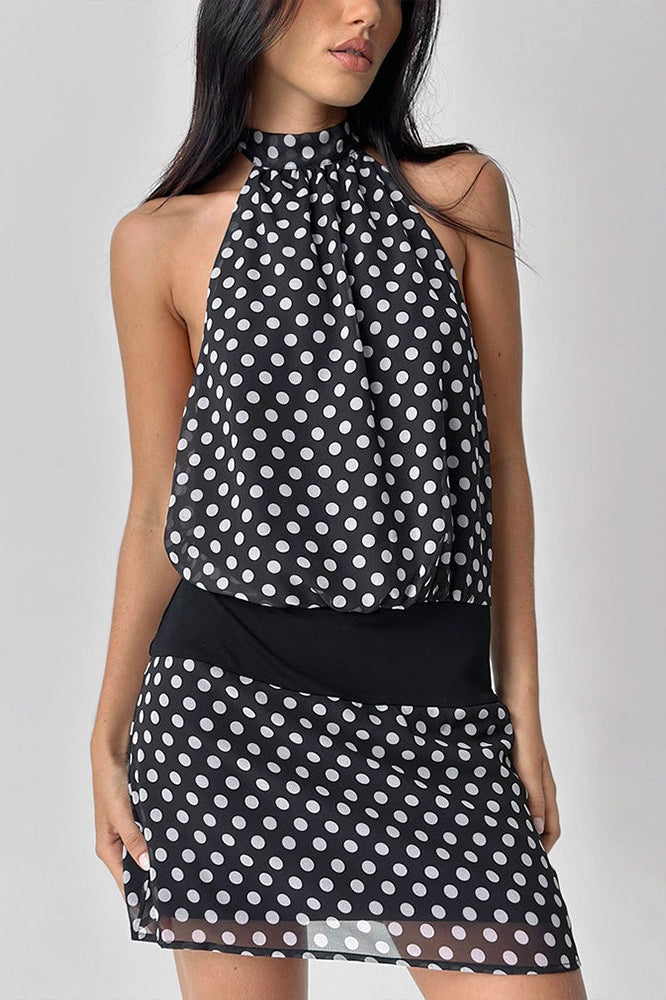 Polka Dot Halter Backless Chiffon Bodycon Mini Dress - Fashionpara