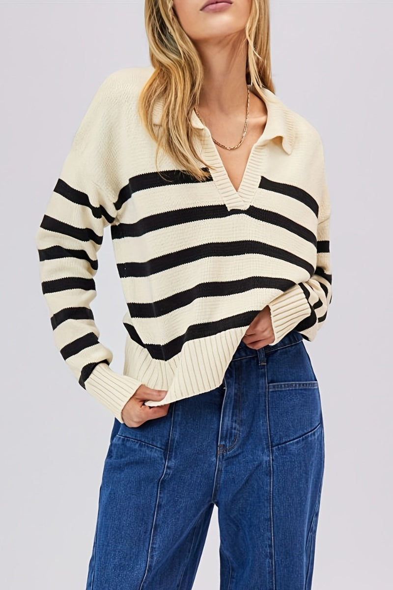 Striped Wool Collar V-Neck Sweater 30