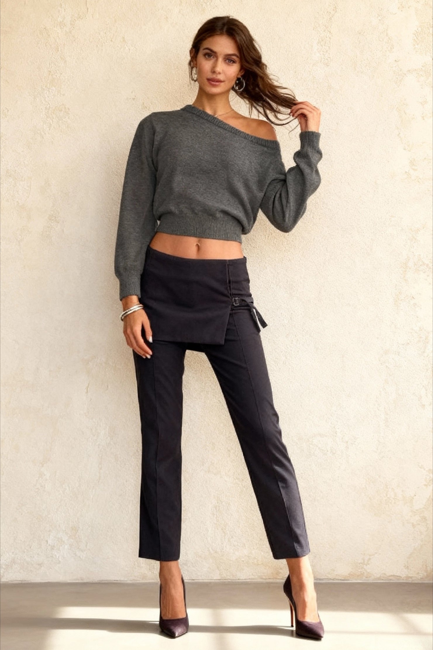 Minimalist Slim Asymmetrical Neck Long Sleeve Blouse - Fashionpara