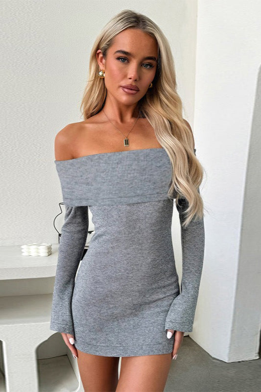 Off Shoulder Long Sleeve Foldover Bodycon Mini Dress