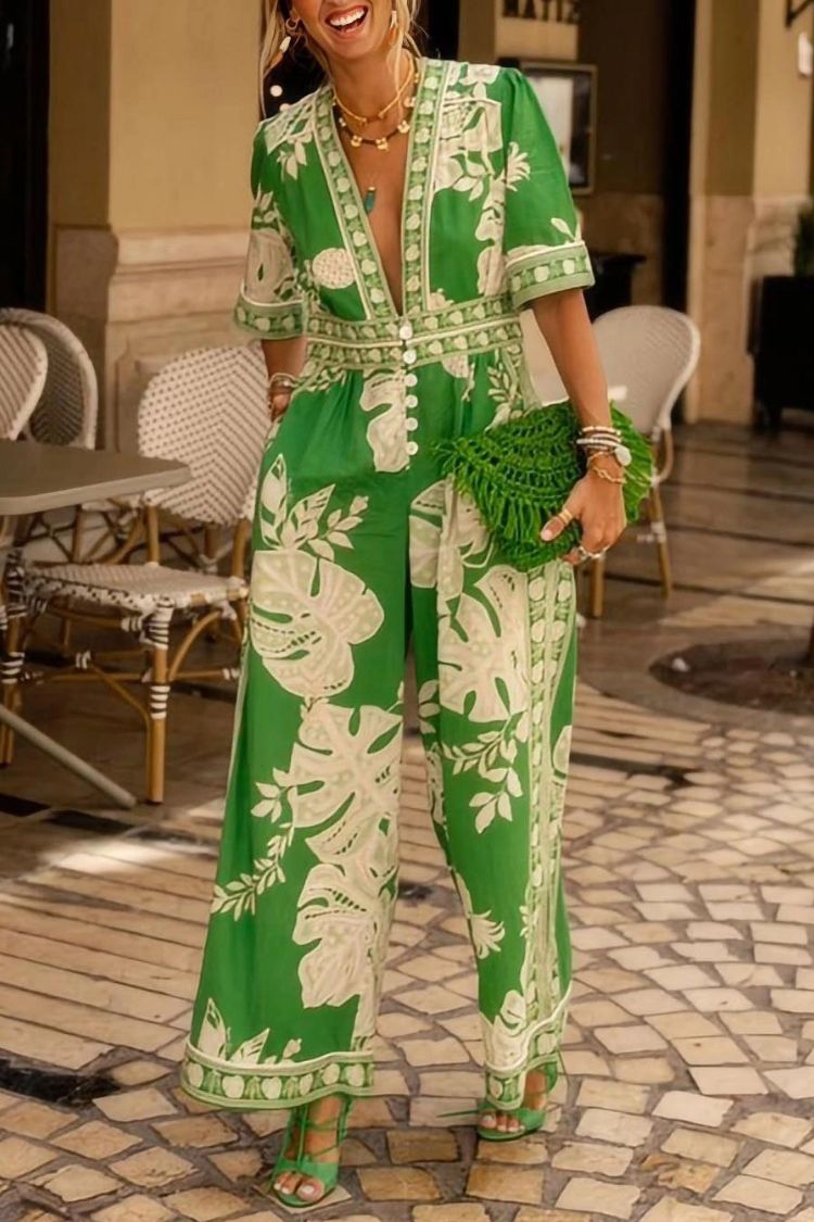 Fresh Holiday Floral Print V-Neck Short Sleeve Jumpsuit - Fashionpara