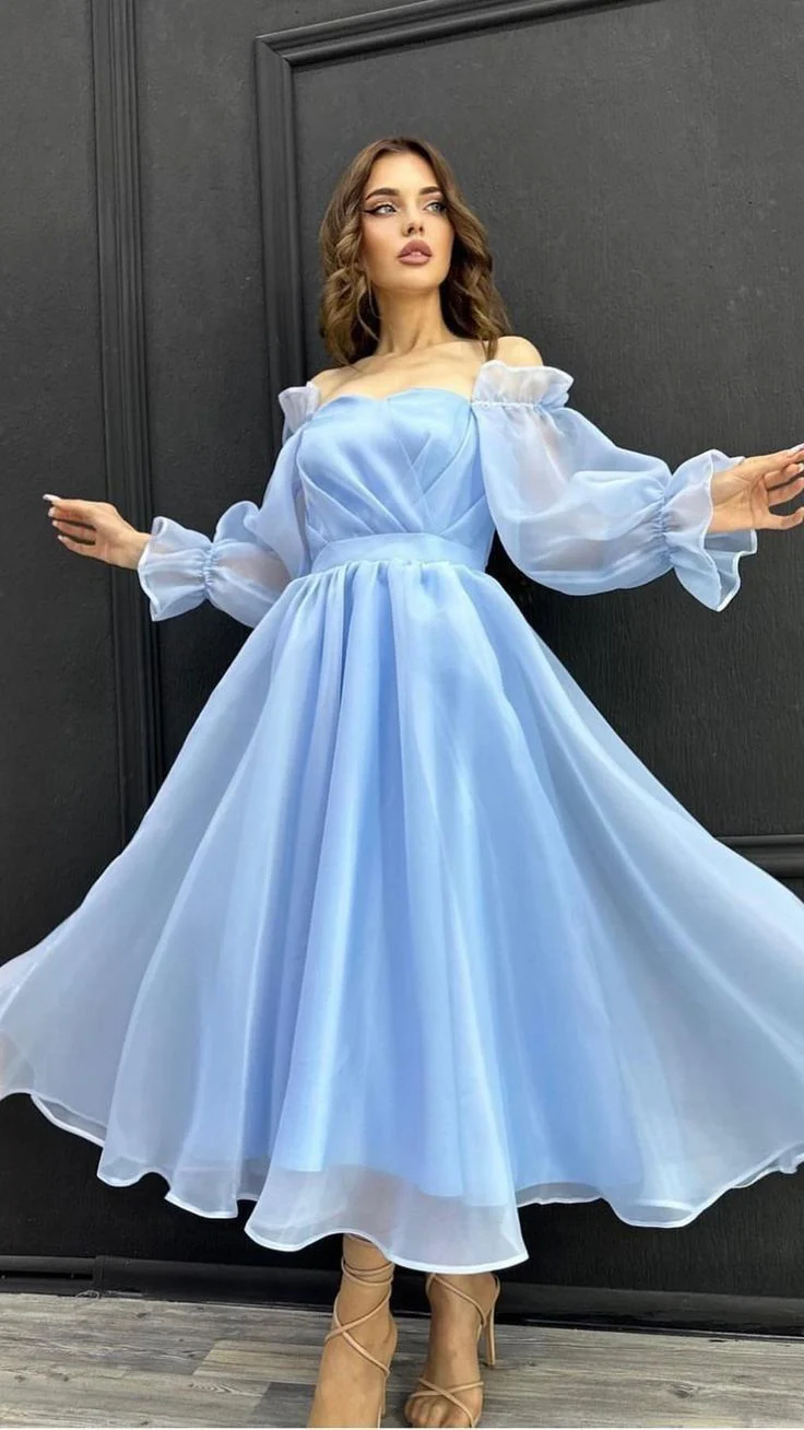 A Line Strapless Light Sky Blue Organza Prom Dresses Evening Dress - Fashionpara