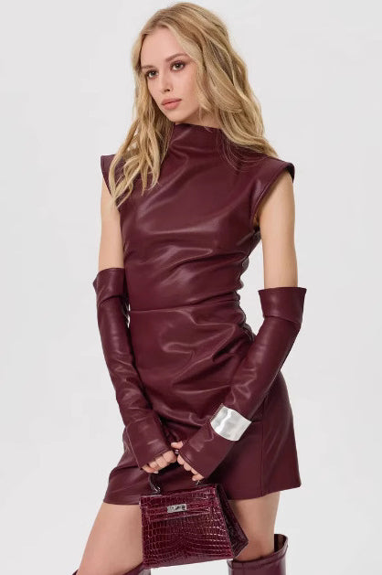 PU Leather Sleeveless Ruched Bodycon Mini Dress