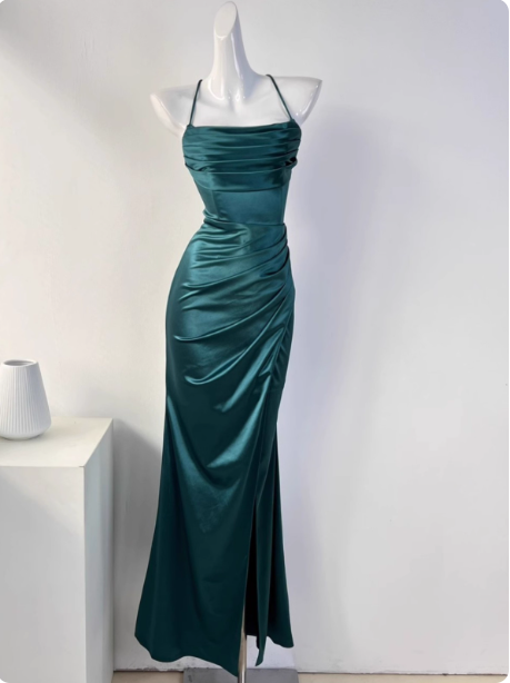 Simple Green Mermaid Pleated Crisscross Sash Slit Satin Long Prom Dress Evening Dress Bridesmaid Dress P4331