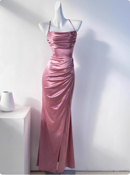 Simple Green Mermaid Pleated Crisscross Sash Slit Satin Long Prom Dress Evening Dress Bridesmaid Dress P4331