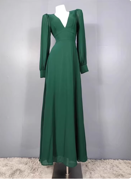 Elegant Deep Green A-line V-Neck Long-sleeved Backless Chiffon Long Prom Dress Evening Dress P4332