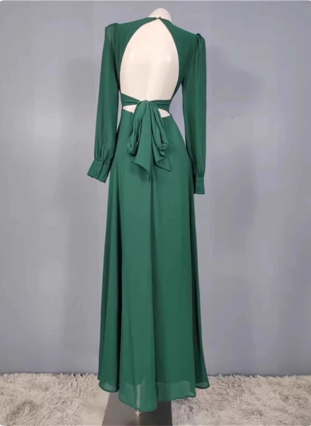 Elegant Deep Green A-line V-Neck Long-sleeved Backless Chiffon Long Prom Dress Evening Dress P4332