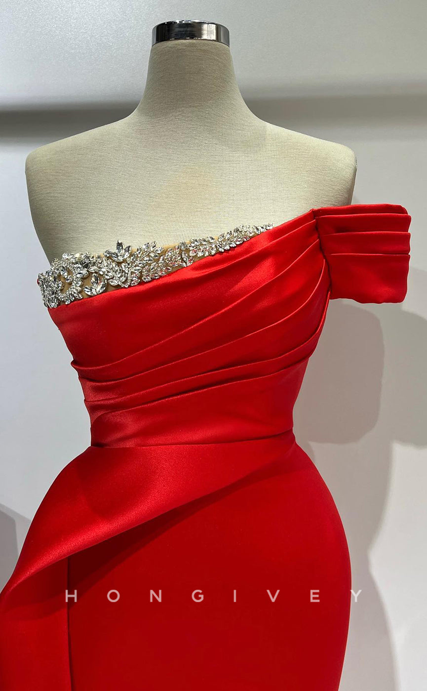 L2779 - One Shoulder Pleats Beaded With Side Slit Fitted Party Prom Evening Dress - Fashionpara