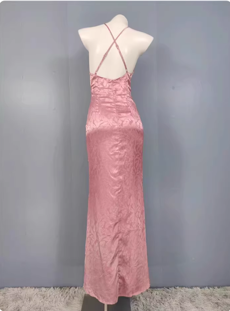 Sweet Pink Mermaid Cross-ribbon Embroidered Satin Slit Long Prom Dress Evening Dress P4333
