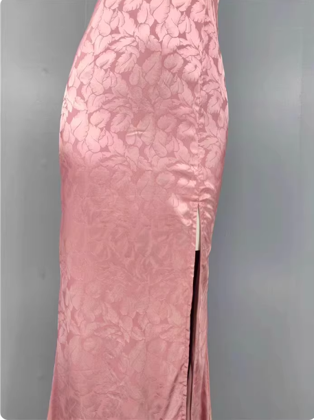 Sweet Pink Mermaid Cross-ribbon Embroidered Satin Slit Long Prom Dress Evening Dress P4333