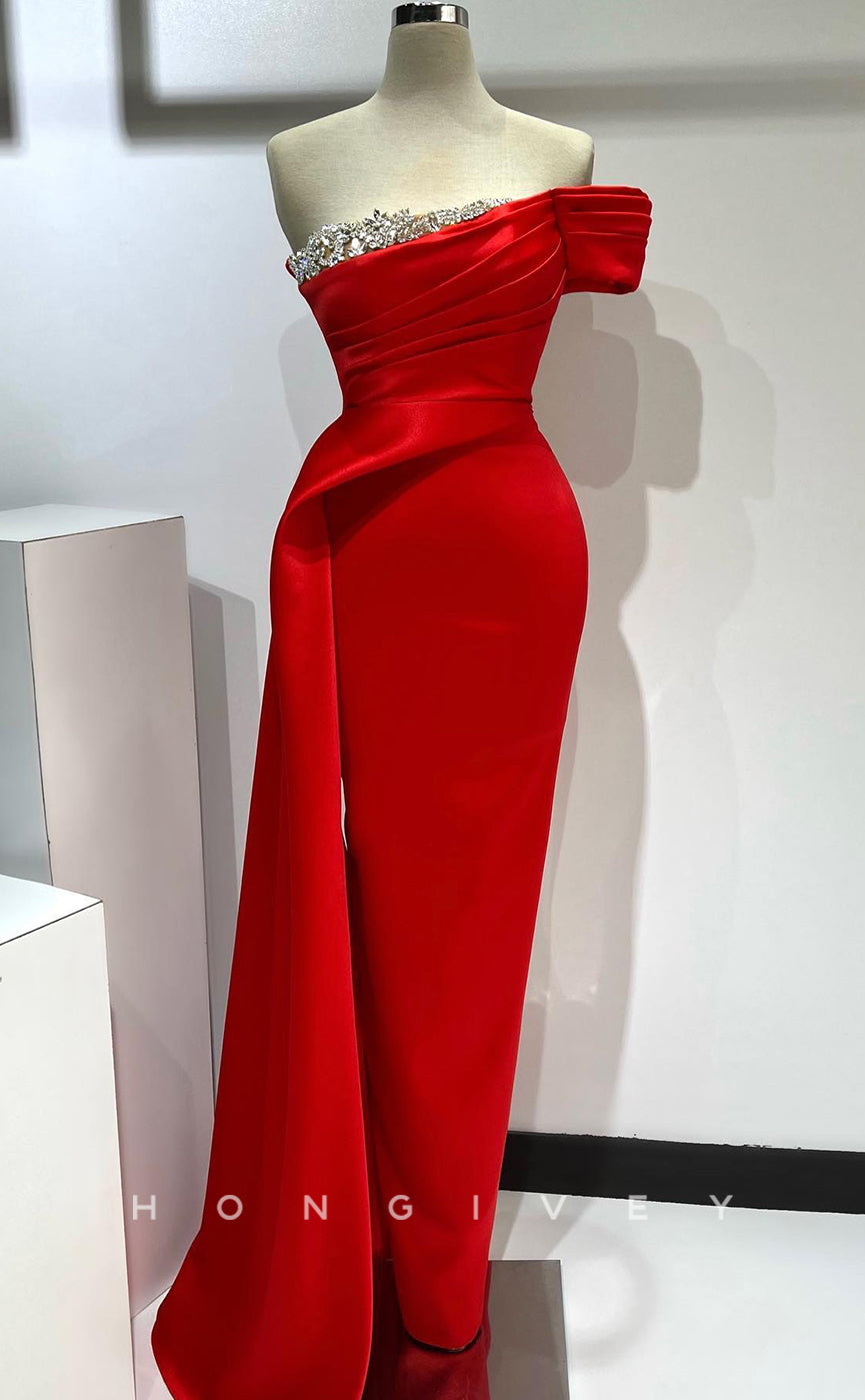 L2779 - One Shoulder Pleats Beaded With Side Slit Fitted Party Prom Evening Dress - Fashionpara