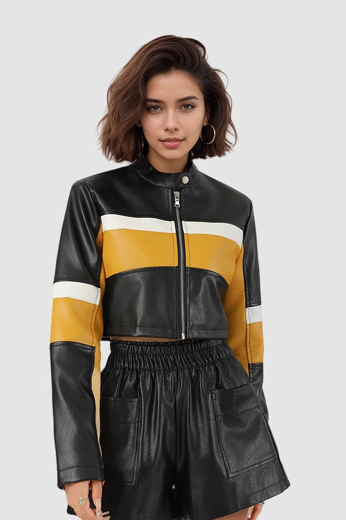 Colorblock PU Cropped Jacket 2