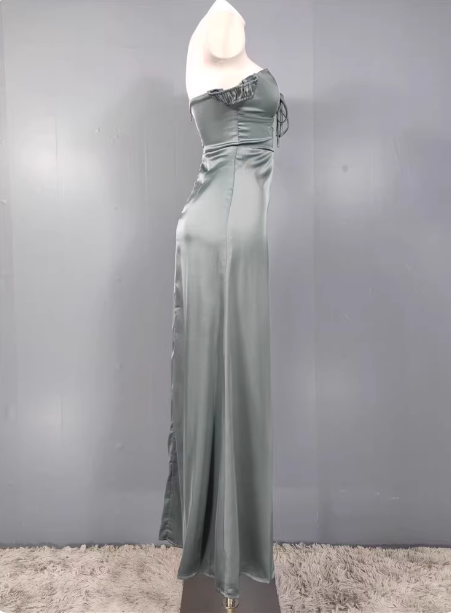 Elegant Gray Green Sweetheart Neckline Slim Slit Satin Long Prom Dress Evening Dress P4334