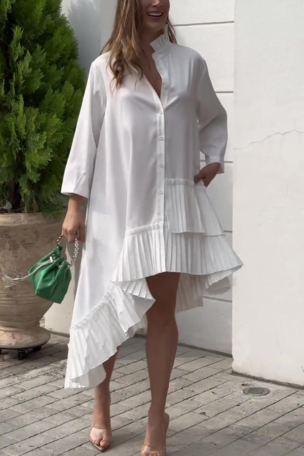 Solid Color Palace Style Loose Irregular Pleated Hem Mini Dress