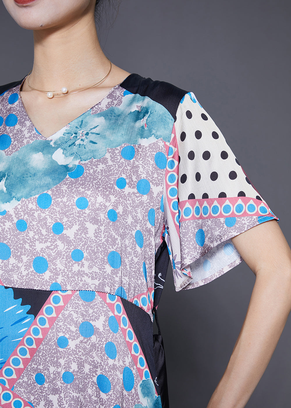 Patchwork Print V-Neck Short Sleeve Tie Ribbon Waist Midi Dress - View 5