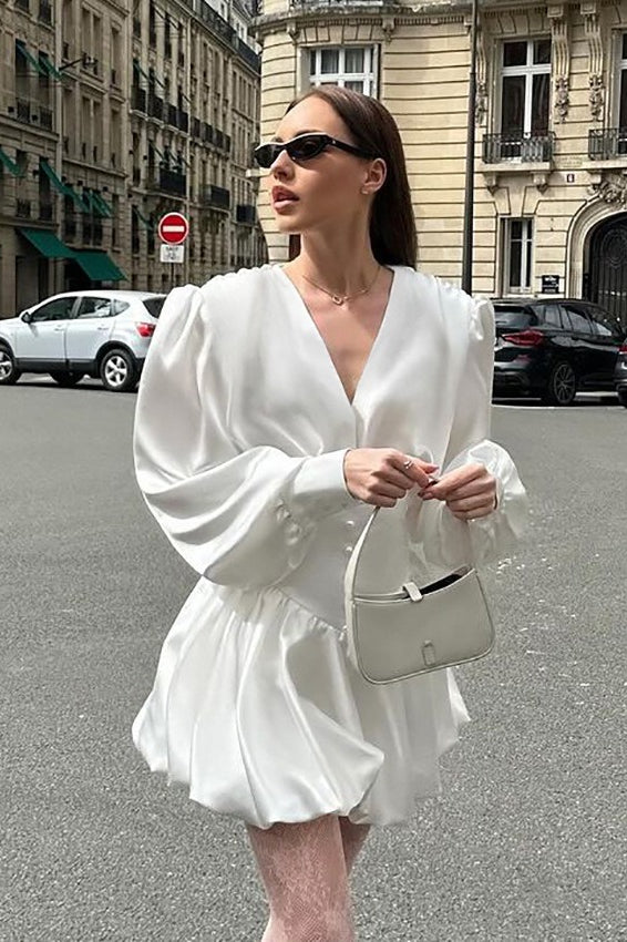 White V-Neck Puff Sleeve Mini Dress