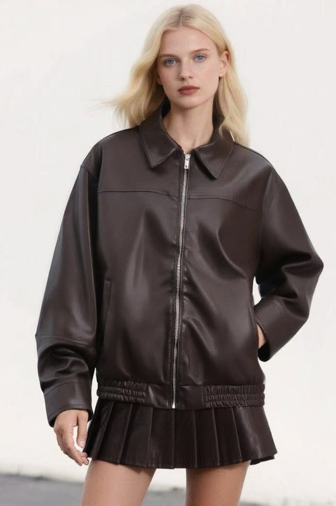 Faux Leather Collared Zip Casual Jacket