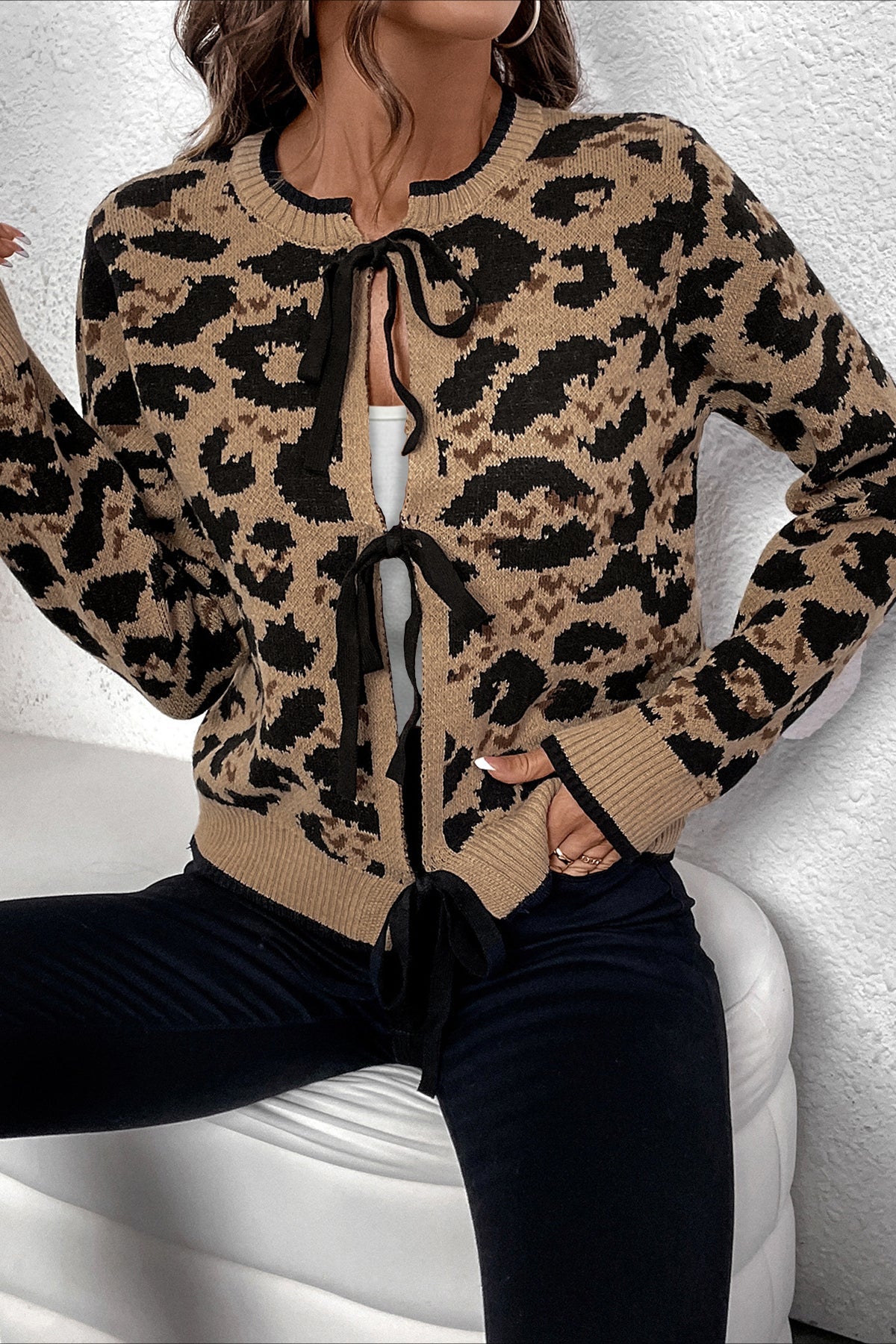 Leopard Print Knitted Cardigan with Elegant Ribbon Tie