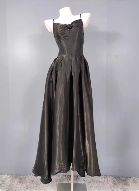 Elegant Black A-Line Spaghetti Strap Satin Long Prom Dress Evening Dress P4336