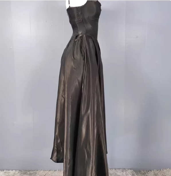 Elegant Black A-Line Spaghetti Strap Satin Long Prom Dress Evening Dress P4336
