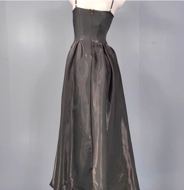 Elegant Black A-Line Spaghetti Strap Satin Long Prom Dress Evening Dress P4336